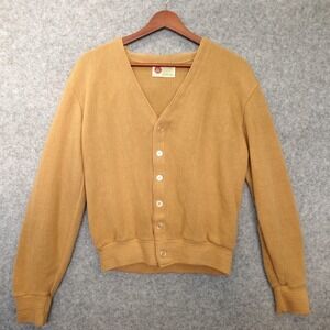Vintage 70s SEARS Kings Road Cardigan Sweater Mens MEDIUM Retro Slim Tan Grandpa